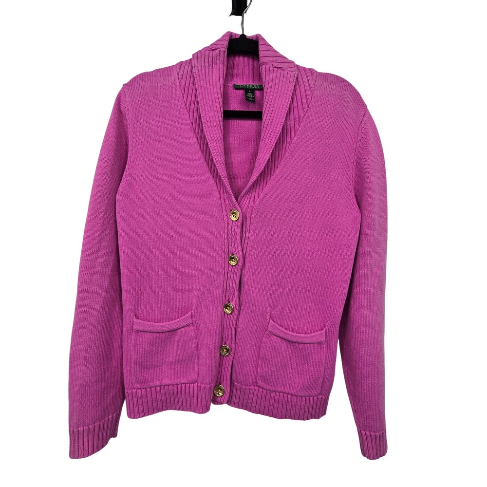 Lauren Ralph Lauren Sweater Cardigan Women L Pink Shawl Collar Cotton Preppy